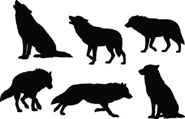 Wolf silhouette illustration set, howling wolf vector art, wild canine predator clipart, forest wildlife design, wilderness animal artwork, nature graphic