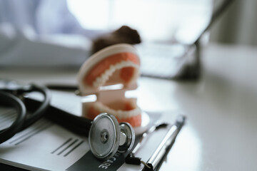 Dentist in white coat holding dental model and pen, explaining oral health care and treatment plan in office.