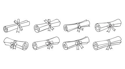 Fototapeta premium Collection of eight hand-drawn diploma scrolls tied with ribbons for graduation and achievement vector