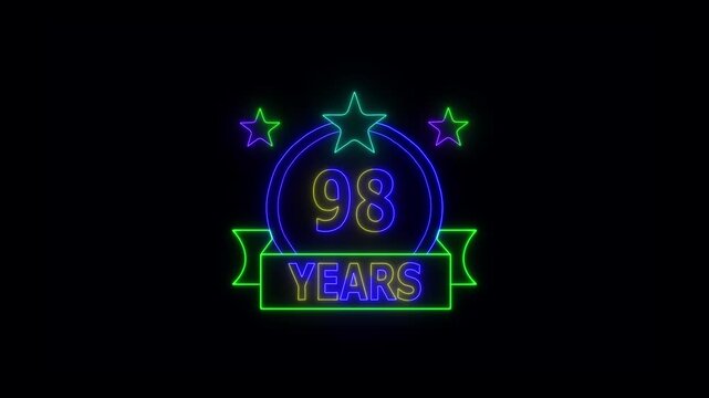 98 Years Anniversary Celebration Neon Sign with Stars and Glowing Banner Highlighting Milestone Achievement and Success.