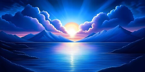 Serene Sunset Landscape- Blue Mountains, Calm Lake, Dramatic Sky