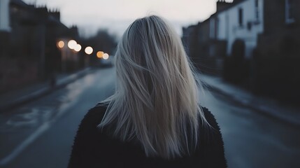 Blond Woman Walking Away at Dusk on City Street AI Generated Image