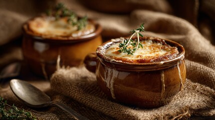 French onion soup in rustic crock, burlap cloth background, earthy farmhouse tone