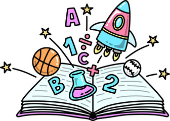 Back to School Open Book with Science and Sports Elements Illustration