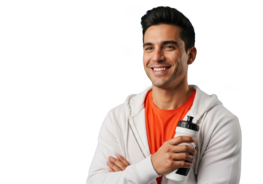 Smiling man holding water bottle ready for fitness workout and healthy lifestyle isolated on transparent background