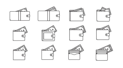 Collection of diverse wallet icons showing cash and cards for financial concepts vector