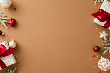 Christmas holiday flat lay with gifts, pine branches, and festive ornaments on brown background. Center left empty for text, ideal for seasonal promotions or greeting cards.