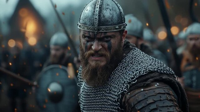 Medieval soldier fighting with army in battlefield
