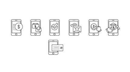 Mobile device icons showing digital services and notifications simplified line art graphics vector © MstMili