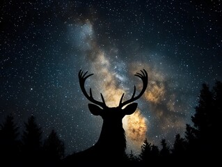 Majestic Stag Silhouette Against Milky Way Galaxy Night Sky
