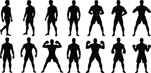 Muscular man silhouettes, fitness icons, bodybuilding poses, anatomy design, athletic figures, strength training, sports outline, male body vector, illustration
