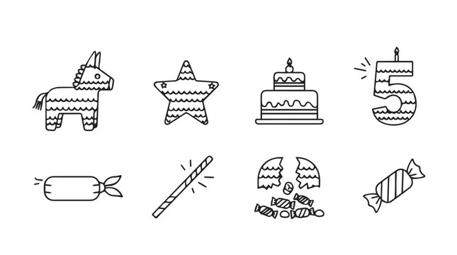 Fiesta birthday celebration icons including pinata cake candy and number 5 decorations vector