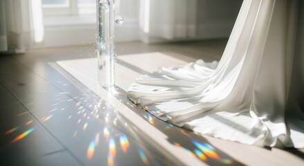 Light refracts through glass creating a rainbow on the wooden floor