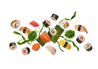 Dynamic Japanese Sushi & Sashimi Collection: Floating Rolls, Nigiri, Nori, and Seaweed on White