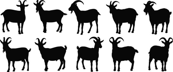 Goat silhouettes, farm animals, livestock icons, agriculture design, domestic mammals, rural lifestyle, horned shapes, nature art, animal vector, illustration