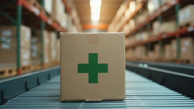 Medical supplies delivery a cardboard box with a green cross in a warehouse