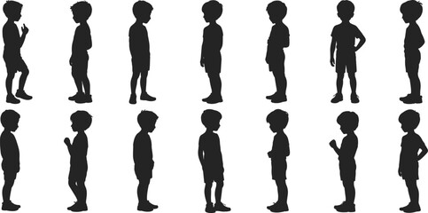 Children silhouettes, kids profile icons, childhood poses, standing figures, family design, lifestyle shapes, school art, playful outline, vector illustration