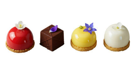 Five gourmet mini-desserts with glossy, matte, iridescent glazes and intricate details, precisely arranged on a transparent studio background, top-down, luxury gourmet concept