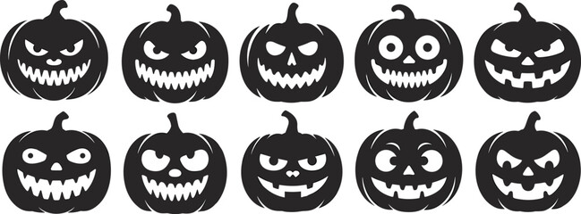 Jack-o’-lantern silhouettes, Halloween pumpkins, spooky icons, carved faces, holiday design, scary art, festive outline, autumn decor, vector illustration