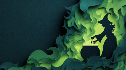 Paper Cut Witch Stirring Cauldron with Smoke