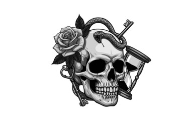 Fototapeta premium Classic Memento Mori Tattoo Silhouette Vector. Human Skull with Rose, Key, Hourglass, or Snake Intertwined. Balanced, Clear, and Symbolic Design. Mortality Art.