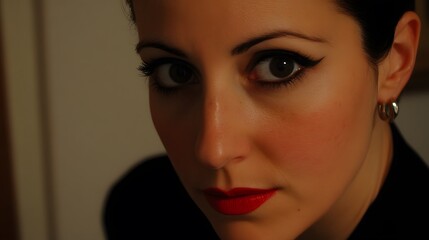 Closeup Portrait Woman Red Lipstick Intense Gaze