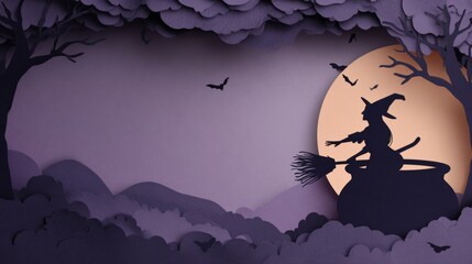 Paper Cut Witch’s Broom with Cauldron and Bats