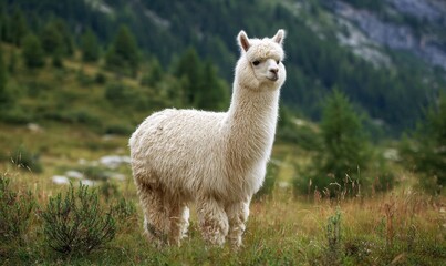 Fototapeta premium White Alpaca Grazing in a Lush Green Mountain Meadow.