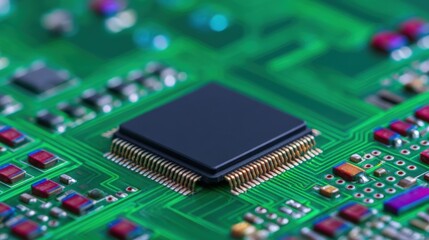 Medical electronics factory, A close-up view of a microchip on a green circuit board, showcasing intricate electronic components and connections.