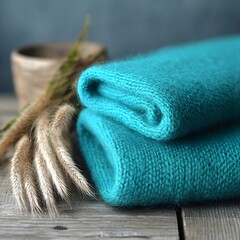 Soft Teal Knitted Wool Scarves on Wooden Table