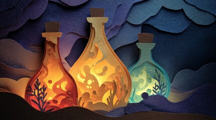Paper Cut Bubbling Potion Bottles with Glowing Liquids