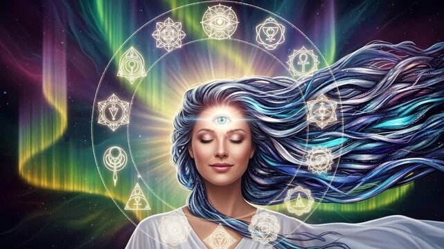 Woman in meditation with her third eye glowing, surrounded by mystical spiritual symbols and a bright aura against a vibrant aurora borealis background.

