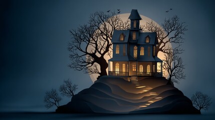 Paper Cut Creepy Mansion on Hill with Dark Sky