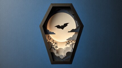 Paper Cut Coffin Silhouette with Bat and Moon Glow
