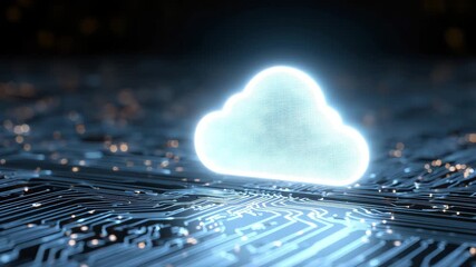 A glowing cloud symbol hovers over a detailed circuit board design. The visual highlights the connection between cloud technology and digital data storage solutions in modern computing - Powered by Adobe
