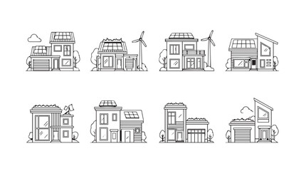 Collection of architectural sketches showcasing diverse residential building designs hand-drawn style vector