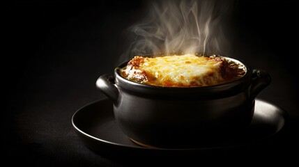 Soup with bubbling cheese lid, moody black background, dramatic spotlight