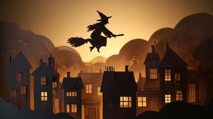 Paper Cut Flying Witch Silhouettes Above Rooftops