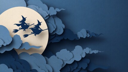 Paper Cut Full Moon with Flying Witches and Clouds