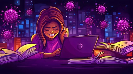 Woman Studying Online Laptop Night City Virus
