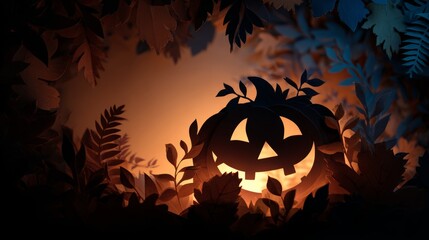 Paper Cut Jack-o’-Lantern with Autumn Leaves and Glow