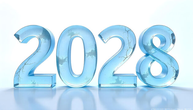 happy new year 2028 made of ice isolated on white background