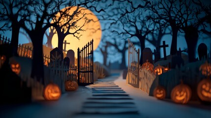 Paper Cut Moonlit Graveyard Path with Crooked Gates and Pumpkins