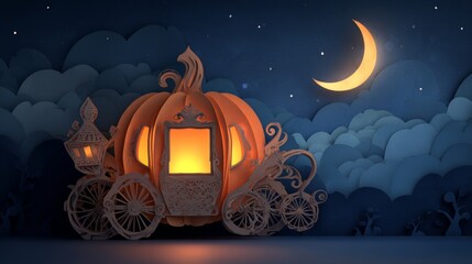 Paper Cut Pumpkin Carriage Glowing at Night