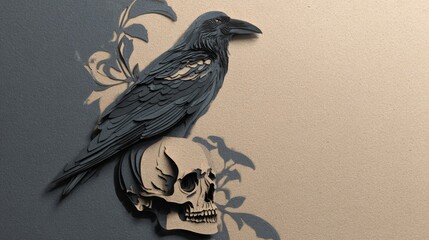 Paper Cut Raven on Skull with Misty Gothic Background