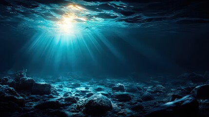 Obraz premium Underwater Sunlight Beam On Dark Ocean Floor