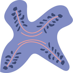 Abstract periwinkle starshaped organism with pink veins and dark blue patterns.