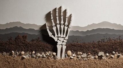 Paper Cut Skeleton Hand Rising from Ground with Stones