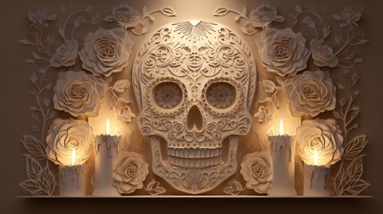 Paper Cut Skull with Roses and Candles, Gothic Atmosphere