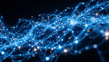 Naklejka premium Abstract network of blue glowing lines and nodes on a dark background creating a wave shape